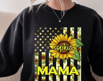 Custom Name Mama Sunflower Flag Shirt, Personalized Mom Sweatshirt, Mother's Day Gift