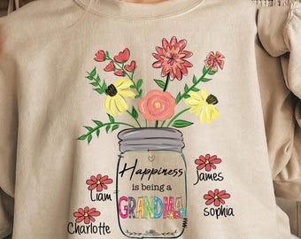 Personalized Grandma Wildflower Jar Sweatshirt, Custom Grandkids Names Nana Mimi Gift