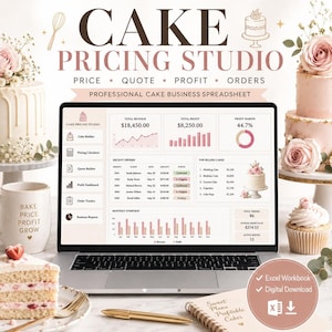 Puede incluir: Un ordenador portátil que muestra una hoja de cálculo Cake Pricing Studio con datos financieros, ingresos y gráficos de beneficios. La pantalla muestra pestañas para el constructor de pasteles, calculadora de precios y seguimiento.