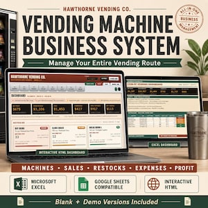 Könnte beinhalten: Ein Hawthorne Vending Co. Verkaufsautomaten-Geschäftssystem, dargestellt auf einem Laptop und einem zweiten Monitor. Die Bildschirme zeigen ein interaktives HTML-Dashboard und ein Excel-Dashboard zur Verwaltung von Routen, Verkäufen und Gewinnen.