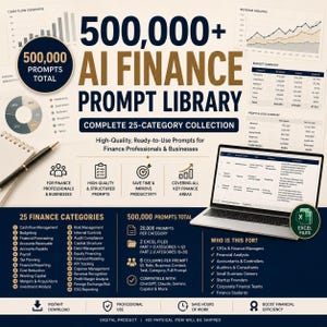 Könnte beinhalten: Eine digitale Produktwerbung für eine Bibliothek mit über 500.000 KI-Finanz-Prompts. Die Grafik enthält Text, Finanzdiagramme, einen Laptop mit einer Tabellenkalkulation und eine Liste von 25 Finanzkategorien. Sie hebt die Kompatibilität mit KI-Tools hervor und enthält zwei Excel-Dateien für Finanzfachleute und Unternehmen.