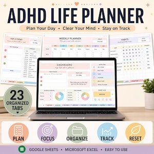 ADHD Digital Planner, Energy-based organizer for Excel and Google Sheets, 23-tab daily tool
