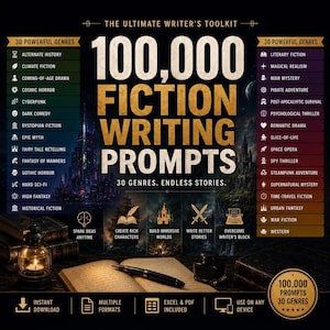 May include: A digital product titled 100,000 Fiction Writing Prompts, The Ultimate Writer's Toolkit. The graphic features lists of 30 genres, an open book with a fountain pen, an inkwell, and a lantern against a dark, atmospheric background.