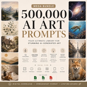 May include: A digital product bundle titled 500,000 AI ART PROMPTS, featuring a large central text display surrounded by eight diverse illustrative images including landscapes, a galaxy, a sea turtle, a cottage, and a fox, with file icons.
