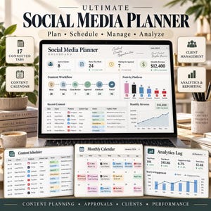 Peut inclure: Un planificateur de réseaux sociaux numérique affiché sur un écran d'ordinateur portable et trois tablettes. L'interface présente un tableau de bord avec le flux de travail de contenu, des graphiques de revenus, un calendrier et des analyses.