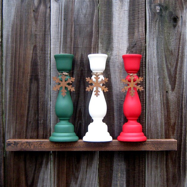 Holiday Taper Holders, Candle Stick Set, Painted Wood, Set of Three, Christmas, Holiday Decor, Green, Ivory, Red, Rusty Tin Snowflake
