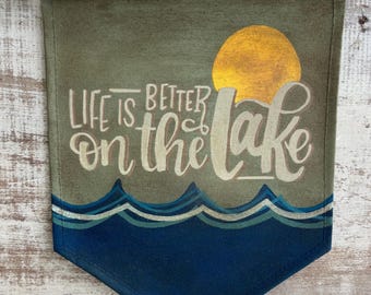 Hand Lettered Canvas Pennant Flag: Lake Life Decor