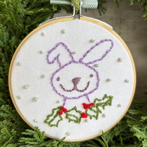 Funny Bunny Hand Embroidered Hoop Christmas Ornament Purple Rabbit