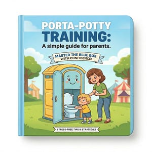 May include: A children's book titled "Porta-Potty Training: A simple guide for parents." The cover features a cartoon illustration of a blue porta-potty with a smiling face, a woman, and a child. The book promises "Stress-Free Tips & Strategies."