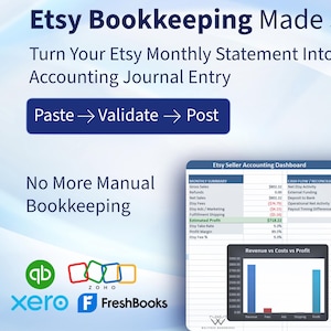 May include: Image promoting Etsy bookkeeping software. Text reads "Etsy Bookkeeping Made Simple" and "Turn Your Etsy Monthly Statement Into a Clean Accounting Journal Entry." Includes a dashboard graphic and logos for Xero, FreshBooks, and other accounting software.