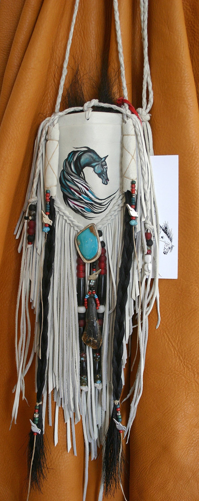 Spirit Black Horse Painted Deerskin Leather Amulet Totem Medicine Bag Jill Claire image 4