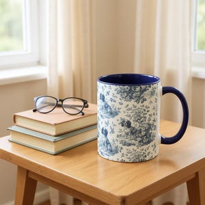Cavalier King Charles Spaniel Toile de Jouy Mug: Blue Coffee Cup