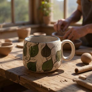 Hand Painted Botanical Leaf Mug: 7 oz Ceramic Tea Cup, Rustic Home Decor