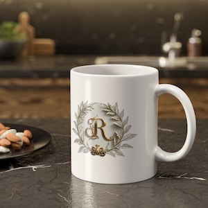 Personalized R Initial Mug with Gold Monogram Design – 11oz Custom Ceramic Coffee Cup Gift for Her or Him, Elegant Letter R Mug Art