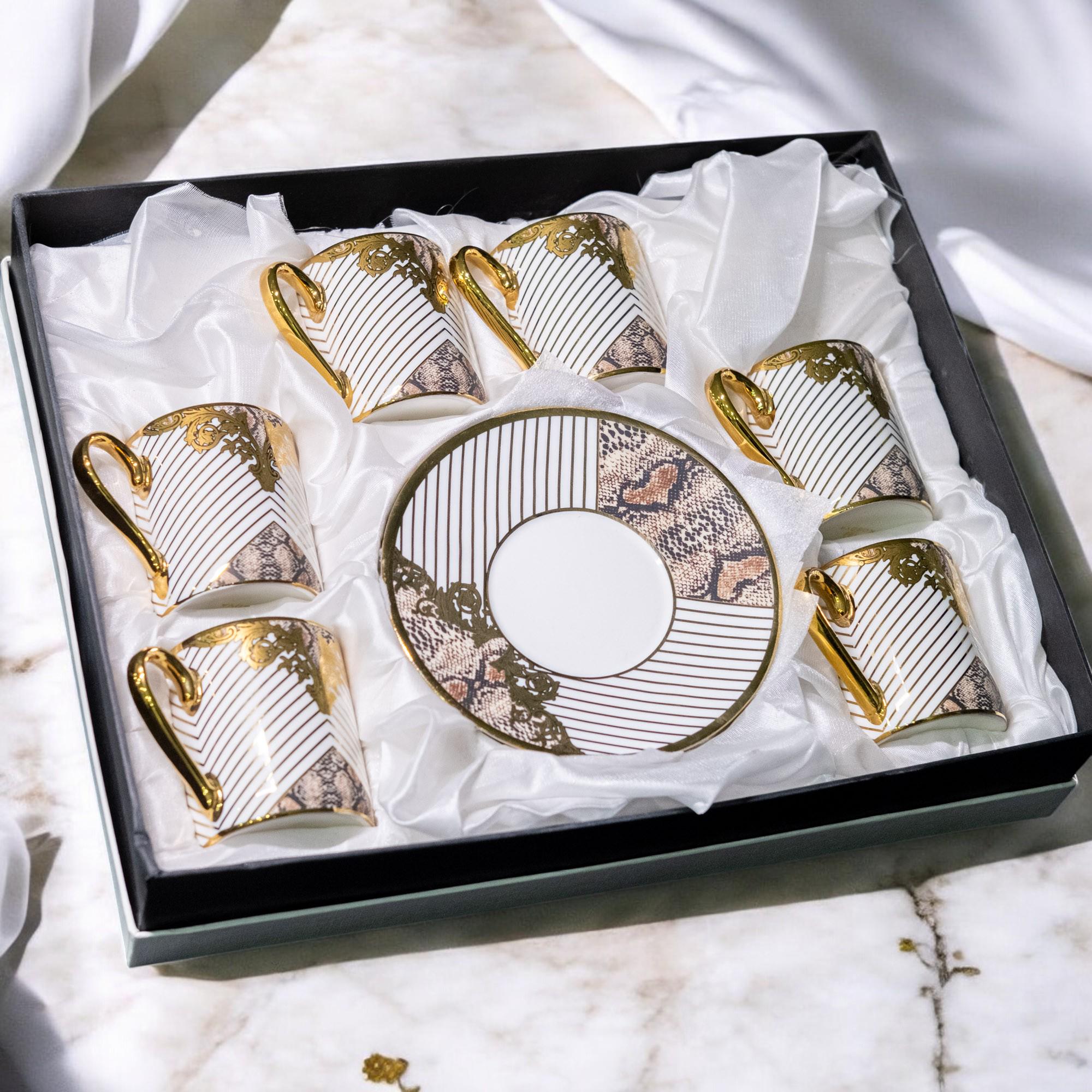 8-teiliges Demitasse-Set Aus Porzellan – Weiß Mit Goldrand | 75 Ml Tassen + Untertassen | Für Espresso & Türkischen Kaffee
