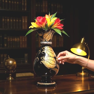 Handmade Black Ceramic Vase: Gold Accent Decor, Turkish Art