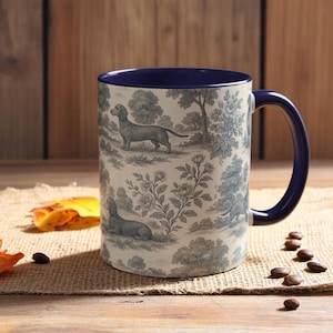 Dachshund Toile de Jouy Mug: Blue Doxie Coffee Cup