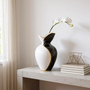 Handpainted Black and White Ceramic Vase: Modern Home Decor