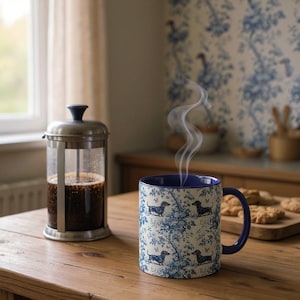 Dachshund Toile de Jouy Mug: Blue Doxie Coffee Cup