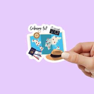 Où aller ? Sticker de voyage - Carte du monde, appareil photo, passeport et boussole - Sticker en vinyle Wanderlust pour les journaux, les bagages et les amateurs de voyages