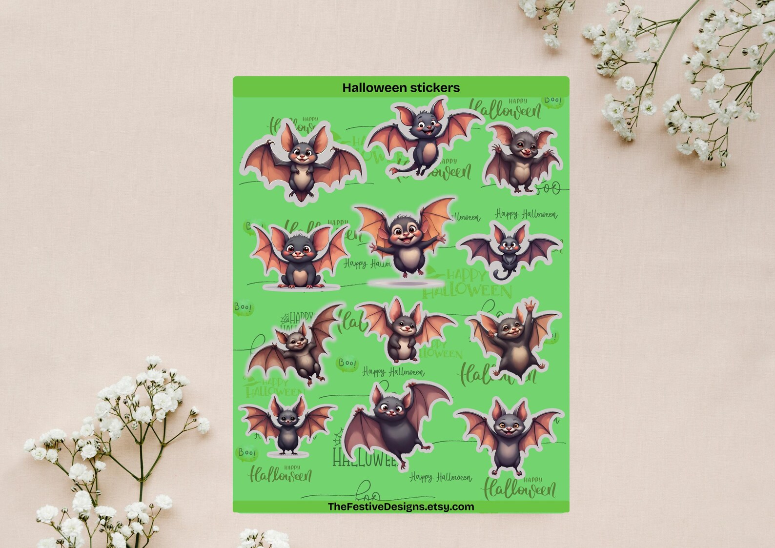 Ss Green Bat Sticker Kawaii Halloween Green Bat Sticker Sheet – Baby Bats for Planners ...
