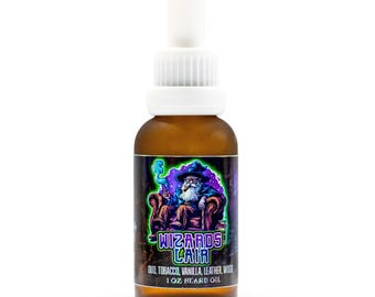 Huile à barbe Wizard's Lair 1 oz - Arômes naturels de tabac de oud huile de barbe parfumée à la vanille, huile à barbe naturelle pour homme cadeau