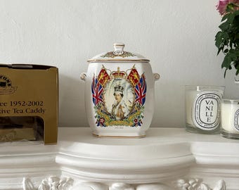 Tarro de cerámica vintage para galletas y té, de la reina Isabel II, de la familia real británica.