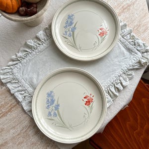 May include: Two white ceramic plates with a floral design featuring blue and red flowers. Each plate has a green border and a delicate floral pattern. The plates are set on a ruffled, light gray runner.