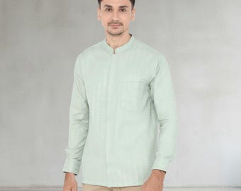 Camisa musulmana moderna de manga larga para hombre, corte entallado, cuello mandarín, estilo islámico Koko