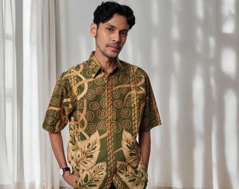 Batik verde tradicional Saka para hombre, camisa de manga corta, camisa de batik, camisa étnica, batik para hombre