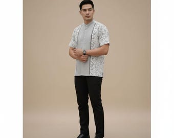 Camisa de manga corta batik moderna para hombre, de algodón, con estampado geométrico y cuello mandarín, Koko