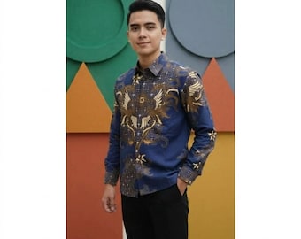 Batik moderno de corte ajustado para hombre en azul Kencono, camisa batik, camisa para hombre, camisa étnica, camisa formal, batik para hombre