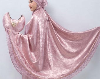 Mukena 3 en 1 de seda jacquard, lujoso vestido de oración para adultos, modesto y elegante traje de oración con detalles de encaje.