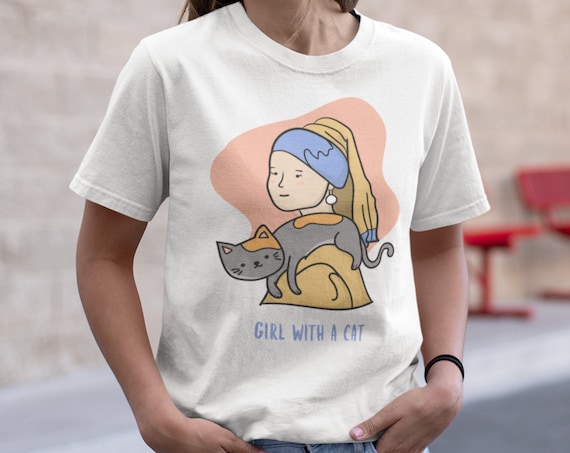 Girl with a Cat T-Shirt | Cat Lover Women Tee | Fur Baby | Classic Artwork Painting | Funny Shirt | Adult Unisex Premium T-Shirt | Gift Idea