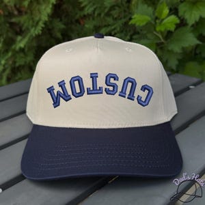 Custom Upside Down Text Hat | Snapback Trendy Hat | Make Your Own Personalized Hat | Rally Baseball Cap | 5 Panel Two Tone Embroidered Hat