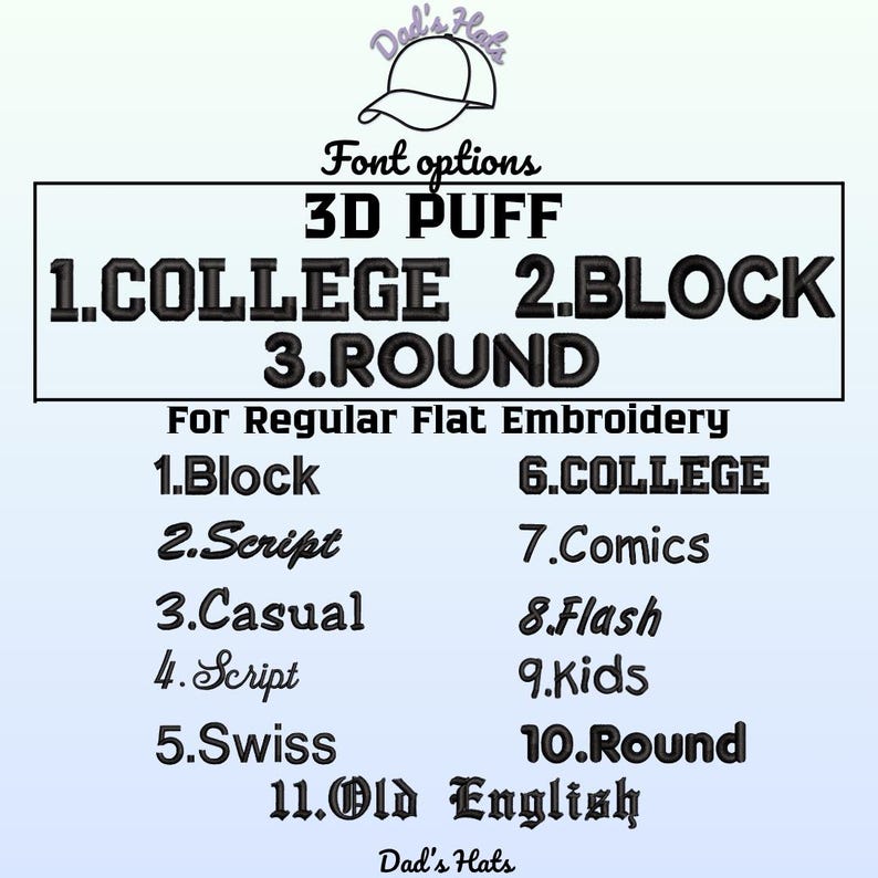 May include: Image showcasing font options for hat embroidery. The options include 3D Puff, College, Block, Round, Block, Script, Casual, Script, Swiss, College, Comics, Flash, Kids, Round, and Old English. The text "Dad's Hats" is also visible.