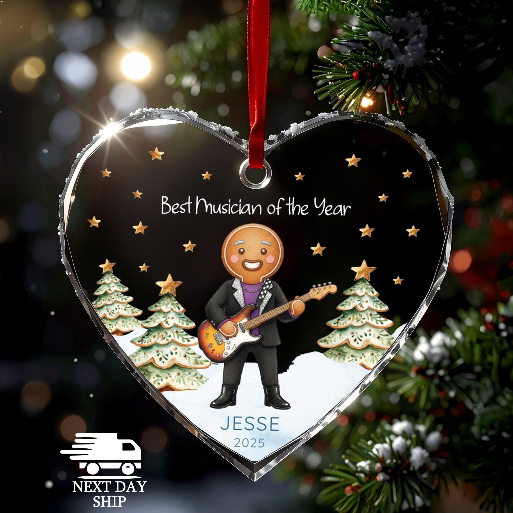 Personalized Musician Ornament 2025, Gingerbread Man Guitarist Gift, Best Musician Ever, Custom Name, Faceted Glass Crystal Keepsake
