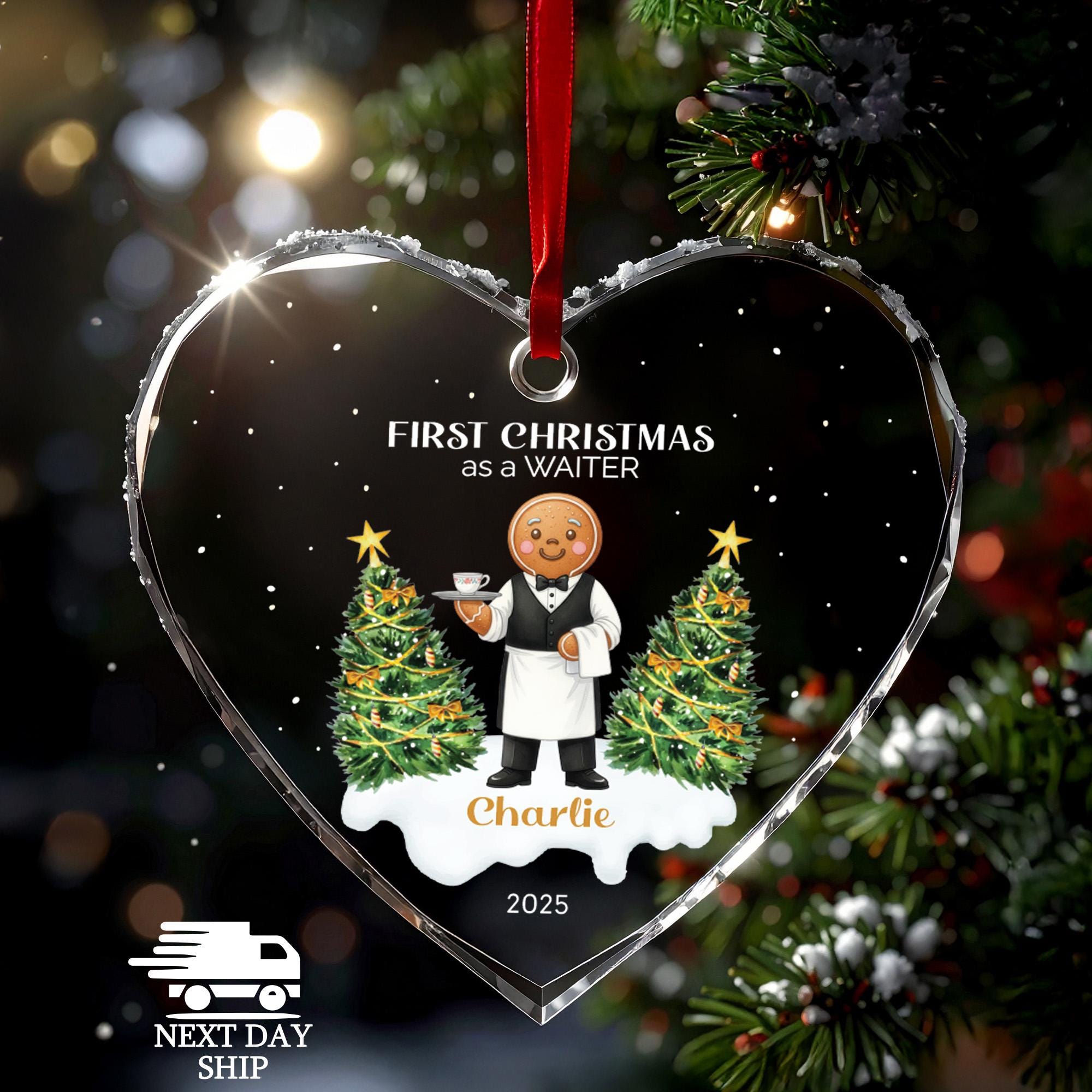 Personalized Waiter Server Ornament 2025, Gingerbread Man Gift, First Christmas as Waiter, Faceted Glass Crystal Keepsake