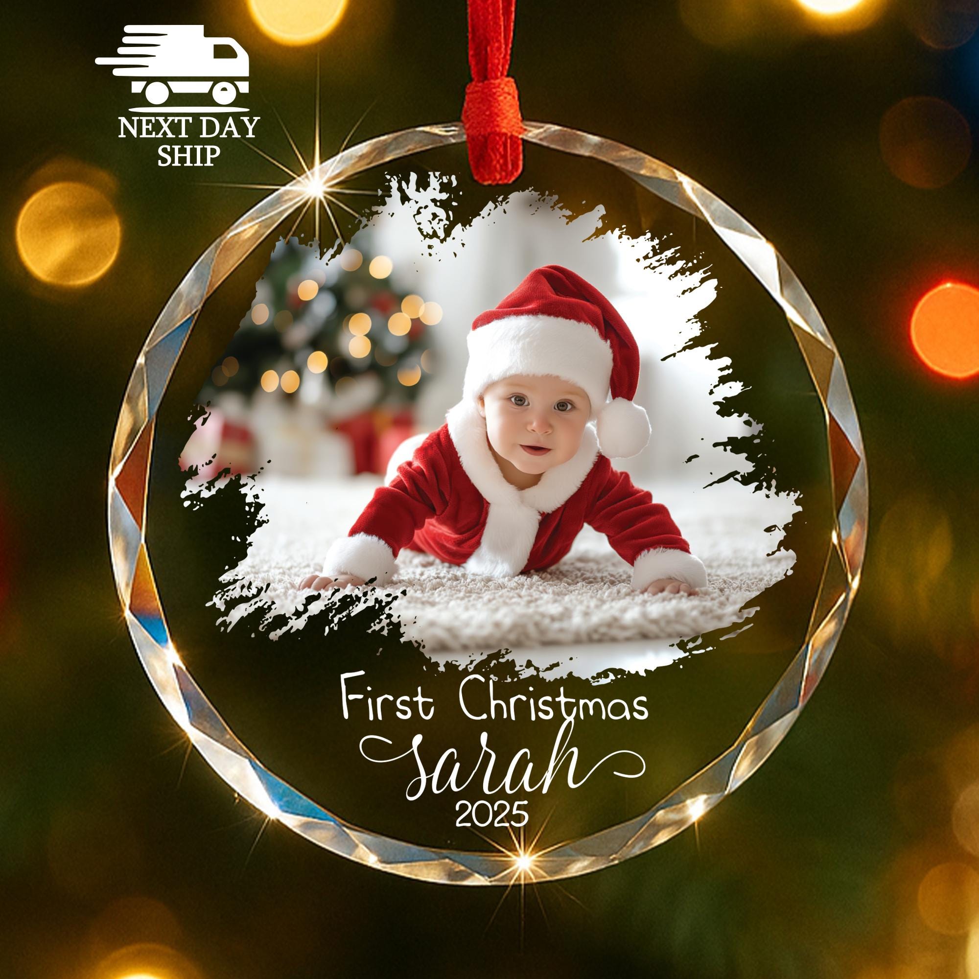Baby’s First Christmas Ornament, Personalized Photo And Name Glass Keepsake, Gift for Newborn, Gift For Parents And Grandparents, Baby Gift