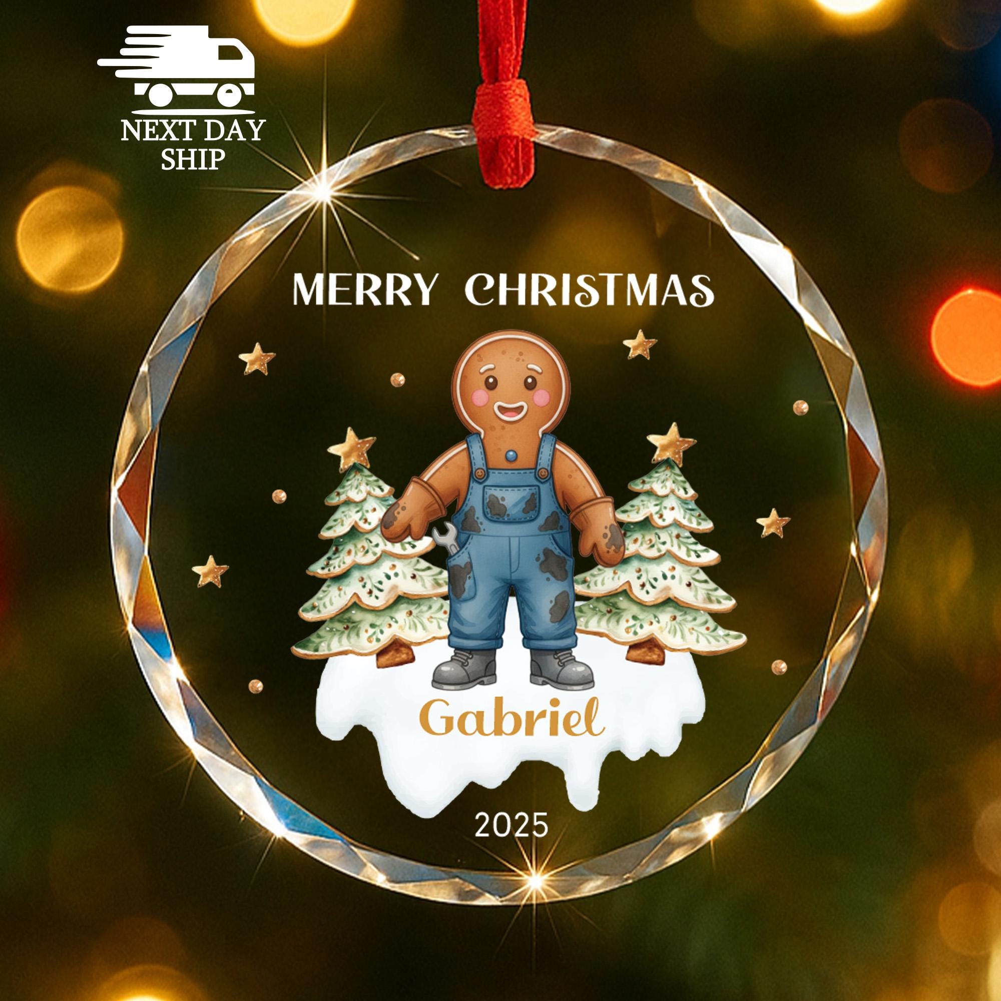 Personalized Mechanic Ornament 2025, Gingerbread Man Keepsake, Custom Name Laborer Gift, Faceted Glass Crystal, Merry Christmas Decor