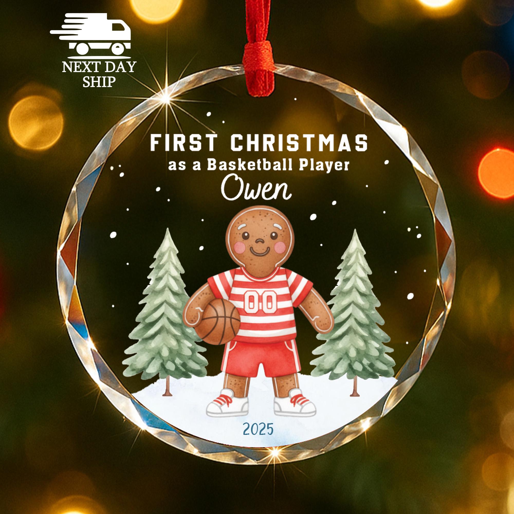 Personalized Basketball Ornament 2025, Gingerbread Man Player, Custom Name Sports Gift, Faceted Glass Crystal Keepsake, First Christmas