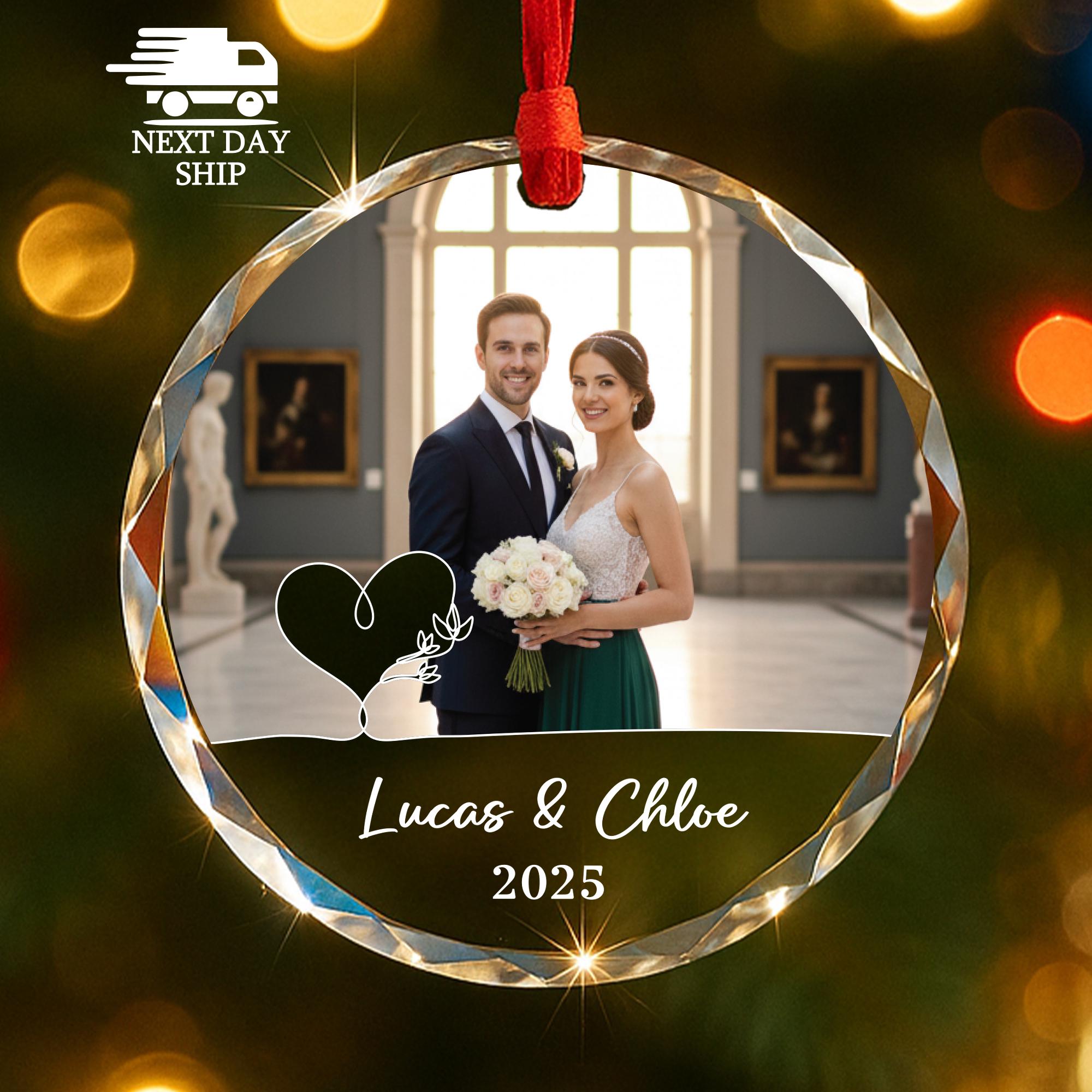 Wedding Photo And Name Glass Ornament, Newlywed or Anniversary Gift, Bride & Groom Christmas Ornament, Couple Gift, Engagement Gift