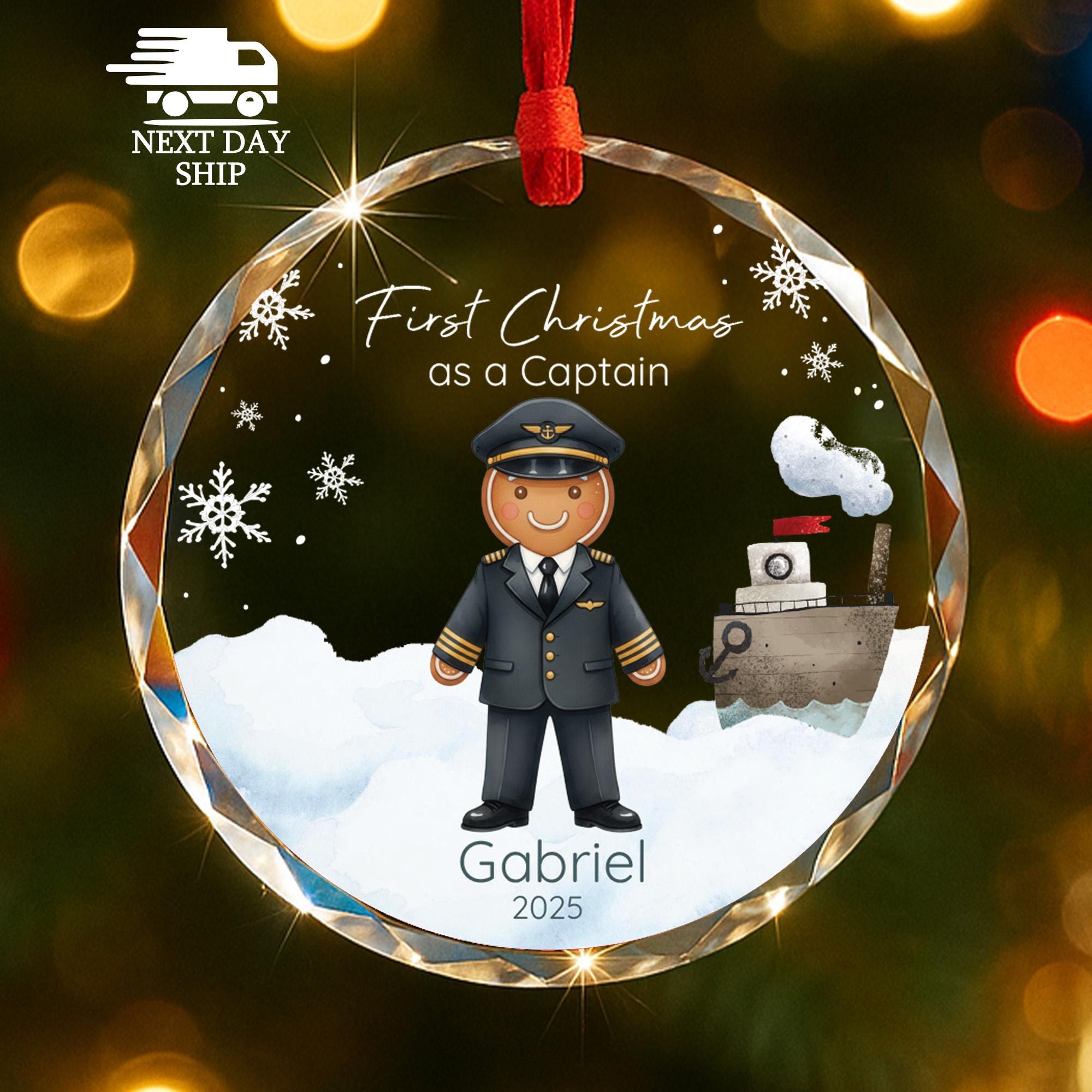 Personalized Captain Ornament 2025, Gingerbread Man Gift, First Christmas as Captain, Faceted Glass Crystal, Nautical Theme