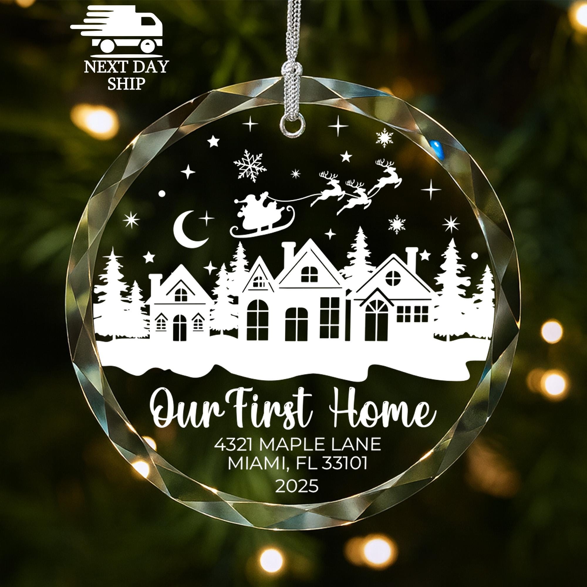 Custom Holiday Ornament, Our First Home Christmas Ornament, Personalized Glass Keepsake, Santa Sleigh Ornament, Christmas House Address Gift
