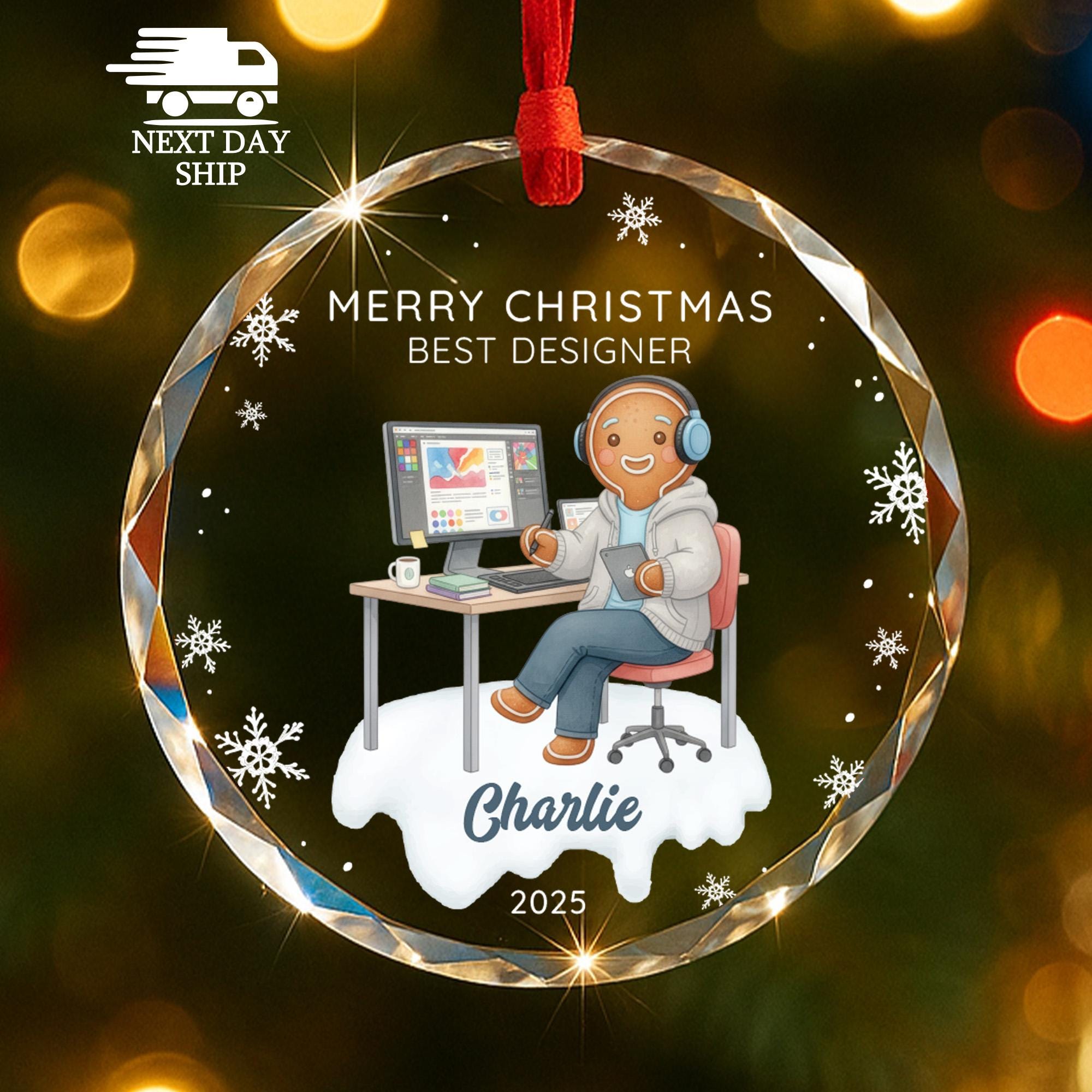 Personalized Graphic Designer Ornament 2025, Gingerbread Man Gift, Best Designer Ever, Faceted Glass Crystal Keepsake Ornament