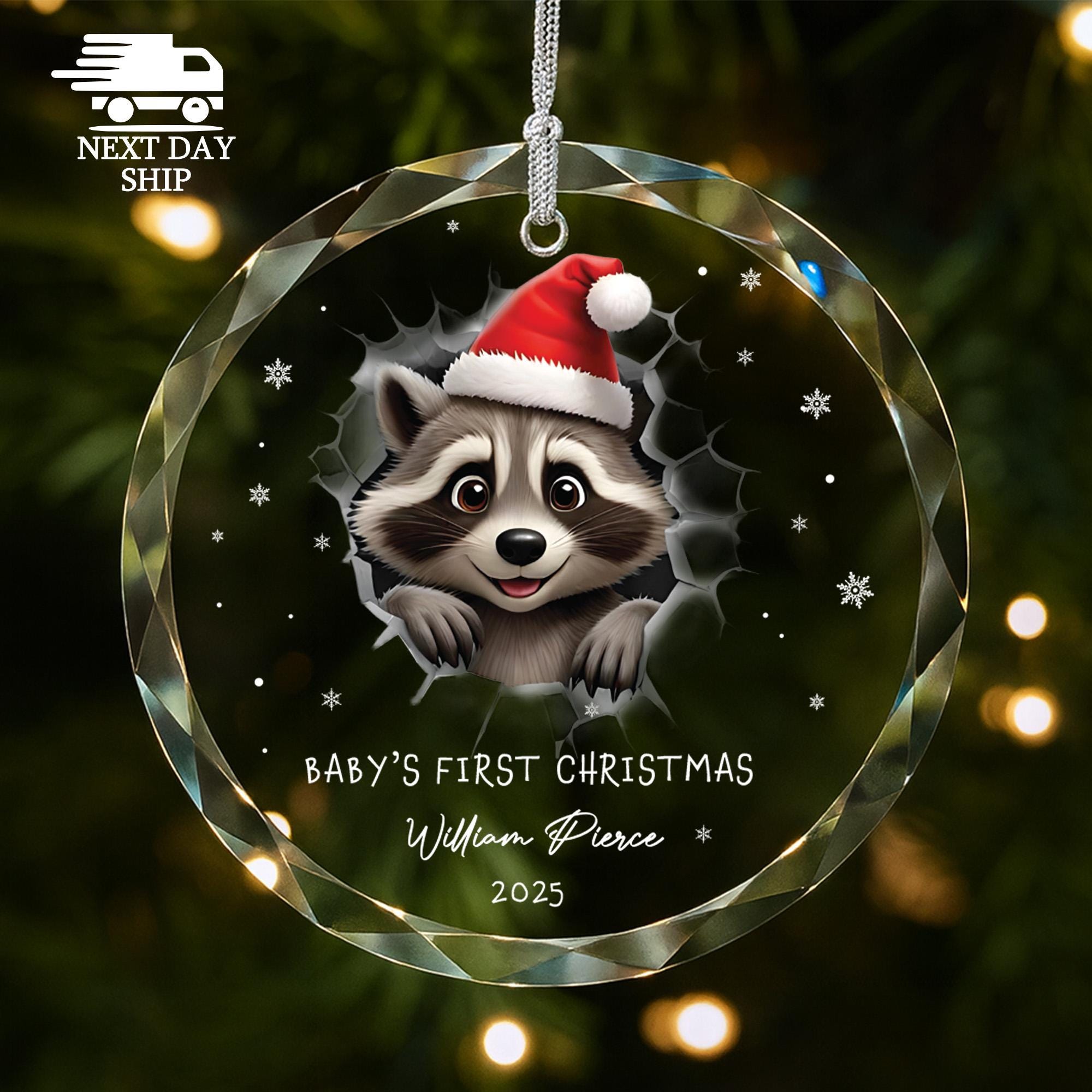 Personalized Baby First Christmas Ornament, Heart Round Glass Ornament, Little Raccoon First Christmas, Newborn Boy Girl Christmas Gift