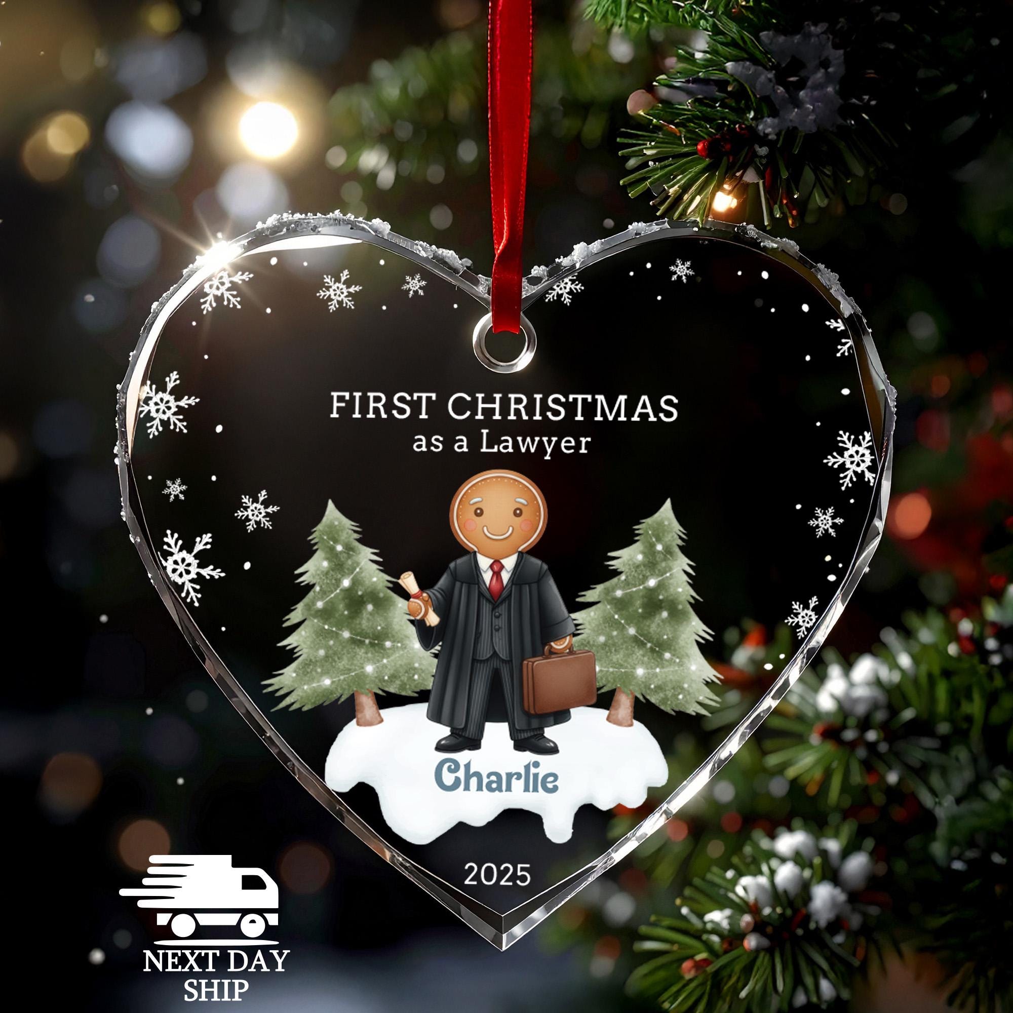 Personalized Lawyer Ornament 2025, Gingerbread Man Gift, First Christmas as Lawyer, Faceted Glass Crystal, Law School Grad