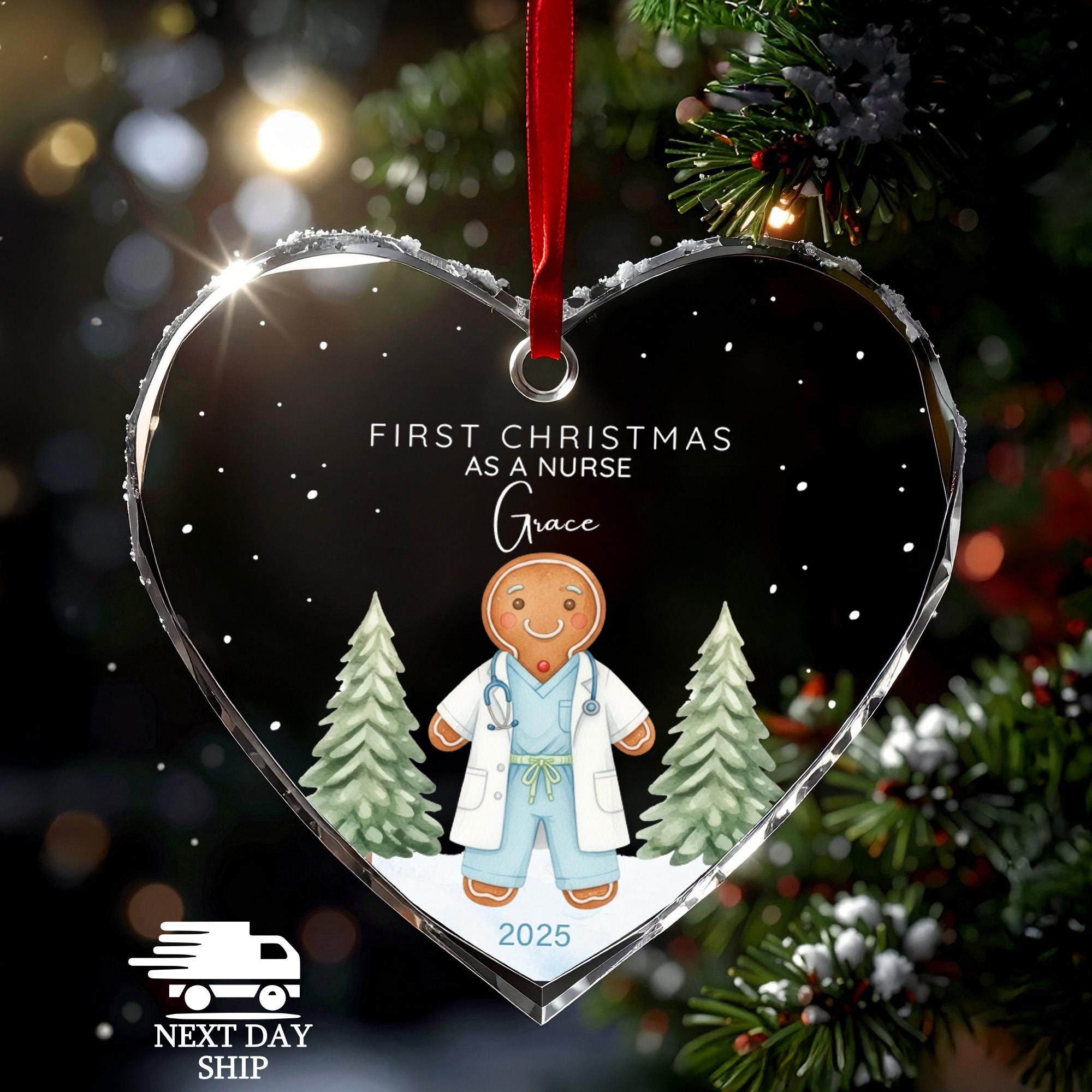 Personalized Nurse Ornament 2025, Gingerbread Man Gift, First Christmas as Nurse, Faceted Glass Crystal, Nursing School Grad