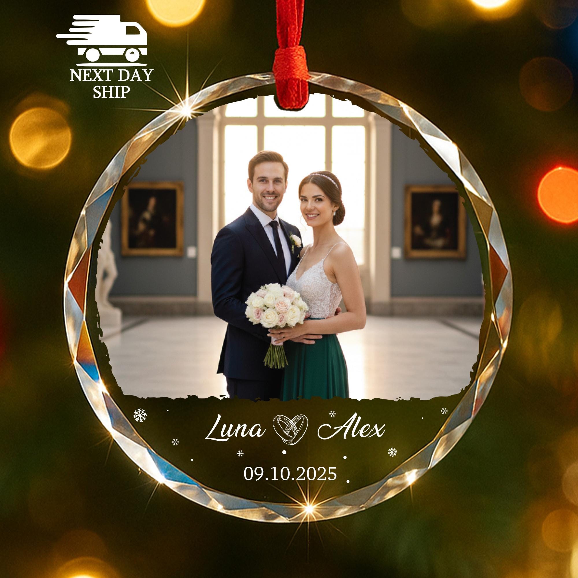 Personalized Wedding Ornament, Custom Photo And Name Glass Keepsake, Bride and Groom Christmas Gift 2025, Anniversary Gift, Newlyweds Gift