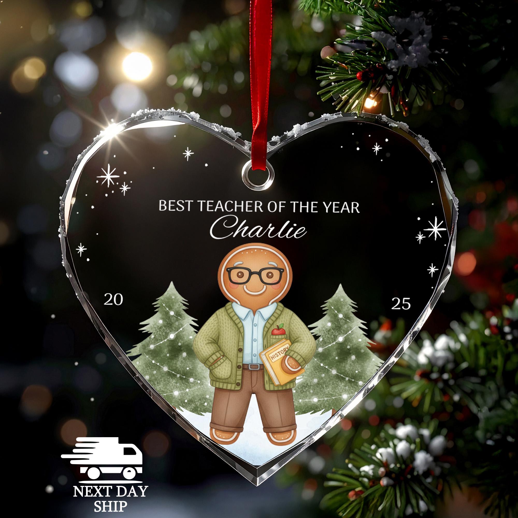 Personalized Teacher Ornament 2025, Gingerbread Man Gift, Best Teacher Ever, Faceted Glass Crystal Keepsake, School Gift, Christmas Gifts